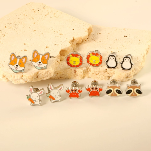 Cartoon Animal Stud Earrings For Kids Women Stainless Steel Gold Plated Enamel Screw Back Safety Jewelry