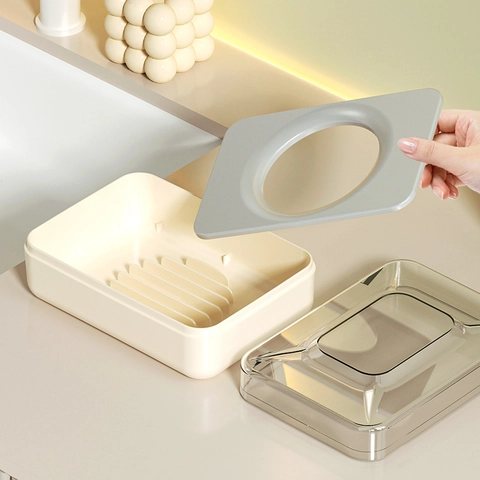 Lidded Soap Box PET Plastic Double Layer Drainage Waterproof Dustproof Bathroom Travel Countertop Case Modern Minimalist