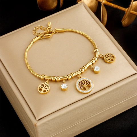 Tree Of Life Pendant Bracelet Stainless Steel Rhinestone Snake Chain Adjustable Gold Jewelry For Women Elegant Gift