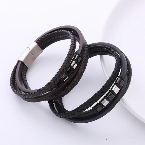 Multi Layer Braided Leather Bracelet With 304 Stainless Steel Magnetic Clasp Geometric Charms Vintage Jewelry For Men
