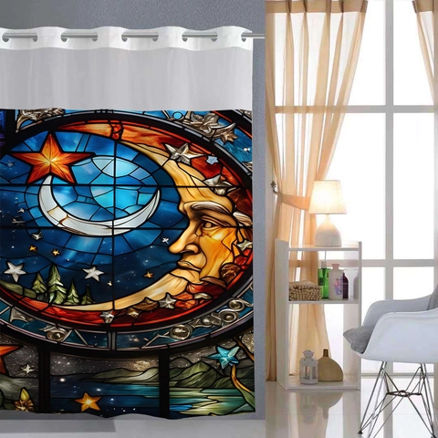 Tenda Da Doccia A Strati Poliere Impermeabile Con Fodera Rimovibile Design Ad Anello Senza Gancio Finestra In Rete Arte Astratta Per Bagno