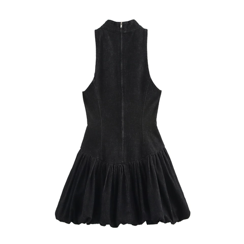 Mouwloze Mini-Jurk Met Hoge Hals Denim Textuur Polyester Ballon Bubble Zoom Achterrits Elegant Voor Dames