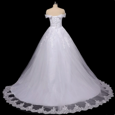 Off The Shoulder Hochzeitskleid Spitze Stickerei Perlen Pailletten A-Linie Brautkleid Mit Schleppe Elegantes Weißes Ballkleid Für Braut
