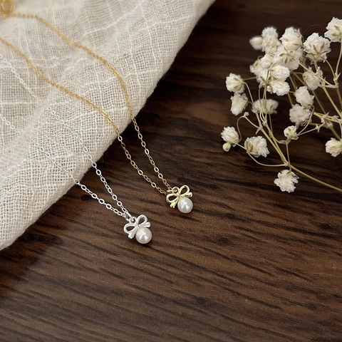 Bowknot Artificial Pearl Pendant Necklace 925 Sterling Silver Minimalist Korean Style Elegant Jewelry For Women