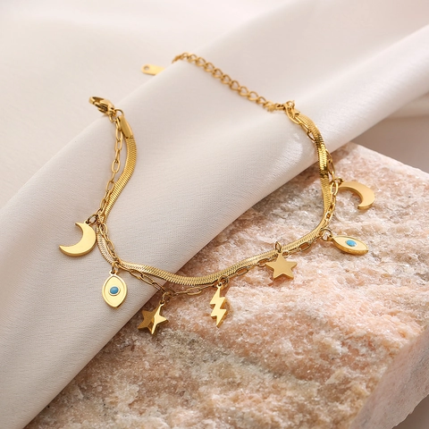 Dubbellaagse Armband Verguld Roestvrij Staal Boze Oog Olifant Ster Maan Emaille Bedeltjes Boheemse Stijl Voor Dames