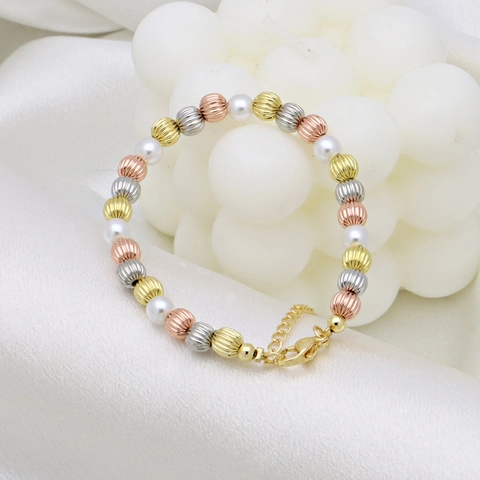 Fashion Tricolor Mixed Round Bead And Artificial Pearl Copper Bracelet For Women Personalized Versatile Jewelry With Adjustable Lobster Clasp Extension