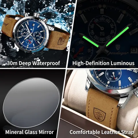 Men Quartz Watch Waterproof Chronograph Luminous Date Sporty Business Wristwatch Leather Strap Alloy Case Luxury Style