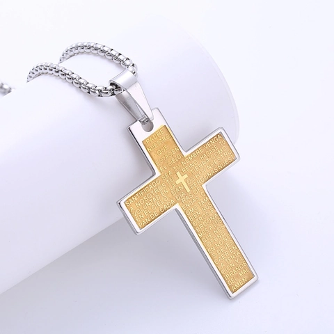 Vintage Roestvrijstalen Kruis Hanger Ketting Gegraveerd Spaans Padre Nuestro Spaans Padre Nuestro Religieuze Sieraden Goud En Zilver Kleur