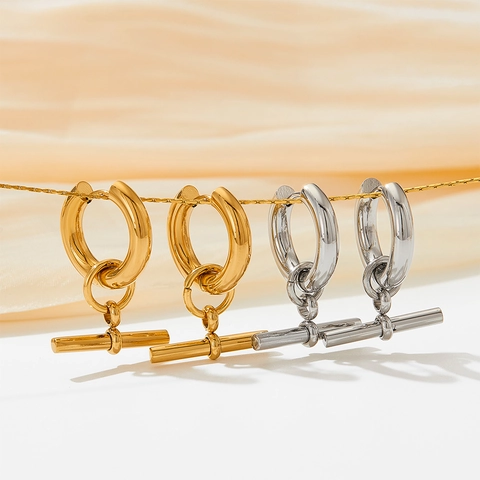 Orecchini a Cerchio in Acciaio Inossidabile con Pendente a T Francese Retro Placcati Oro Argento Geometrici Gioielli Donna