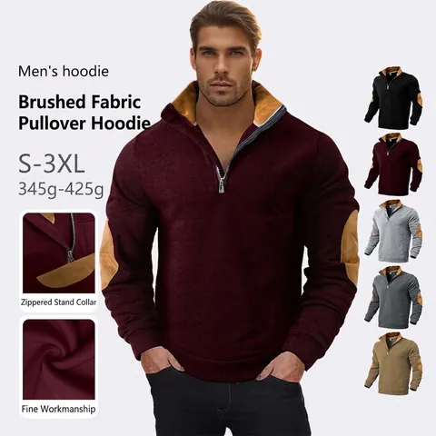 Men Quarter Zip Sweatshirt Spandex Polyester Brushed Fleece Stand Collar Long Sleeve Contrast Elbow Patches Casual Pullover