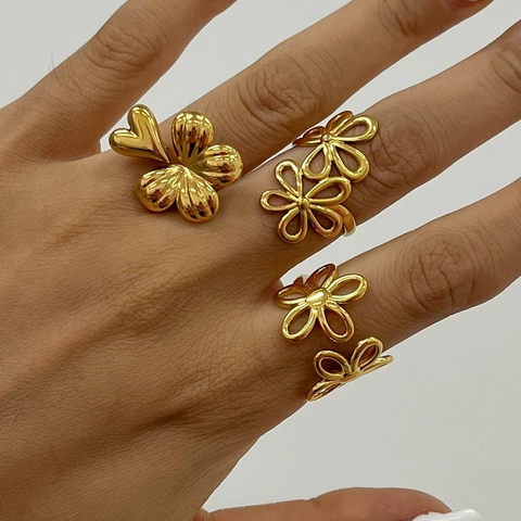 18K Gold Plated Stainless Steel Flower Open Ring Hollow Adjustable Sweet Romantic Jewelry Women Waterproof
