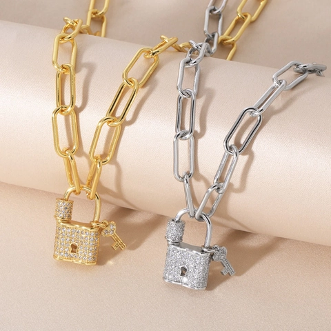 Paperclip Chain Necklace With Zircon Lock And Key Pendant Copper Gold Plated Trendy Jewelry For Women