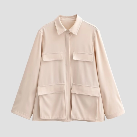 Blusa Utilitaria Mujer Manga Larga Color Albaricoque Poliéster Bolsillos Cargo Cuello Solapa Camisa Chaqueta Elegante