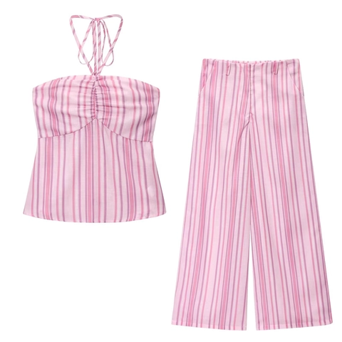 Women Striped Halter Neck Crop Top And Wide Leg Pants Casual Summer Streetwear Sleeveless Polyester Clothing Outfit