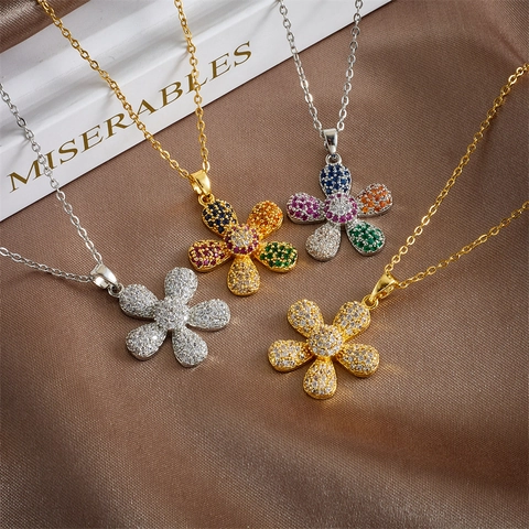 Collana Con Pendente A Girasole Con Zirconi Colorati Micro Pavé Rame Catena In Acciaio Al Titanio Gioielli Di Lusso Per Donna