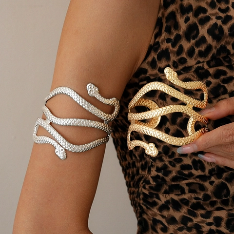 Snake Wrap Arm Cuff Armlet Double Headed Alloy Metal Scale Texture Punk Exaggerated Gothic Adjustable Bracelet For Women