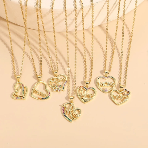 Heart Pendant Necklace Mom Letter Colorful Zircon Inlaid Brass Stainless Steel Jewelry Mothers Day Gift Fashion