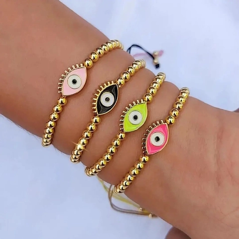 Handmade Evil Eye Beaded Bracelet For Women Gold Copper Beads Multi-color Enamel Eye Charm Adjustable Bohemian Ethnic Jewelry