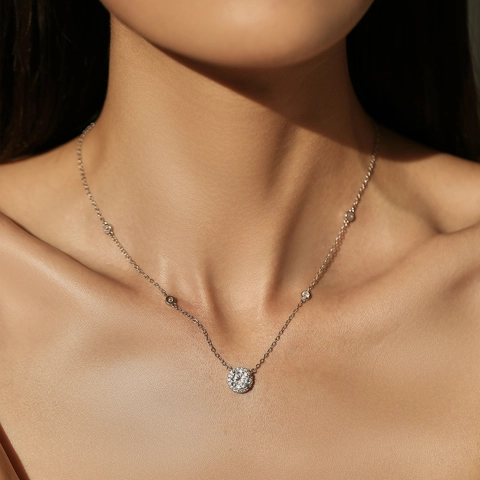 Collar con Colgante Halo de Plata de Ley 925 Circonia Redonda Brillante para Mujer Elegante Minimalista Cadena de Clavícula Joyería