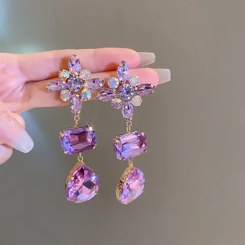 Orecchini A Goccia D'acqua Con Fiori Di Cristallo E Strass Viola Con Perno In Argento Sterling 925 Moda Donna