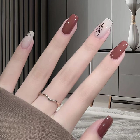 Glossy Coffin Press On Nails Heart Love Pattern Milky White Dark Red Artificial Fingernails For Women Daily Manicure Wear