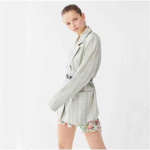 Dames Geruite Blazer Jas Reverskraag Dubbele Rij Knoppen Lange Mouwen Losse Pasvorm Casual Commuter Stijl Polyester Bovenkleding