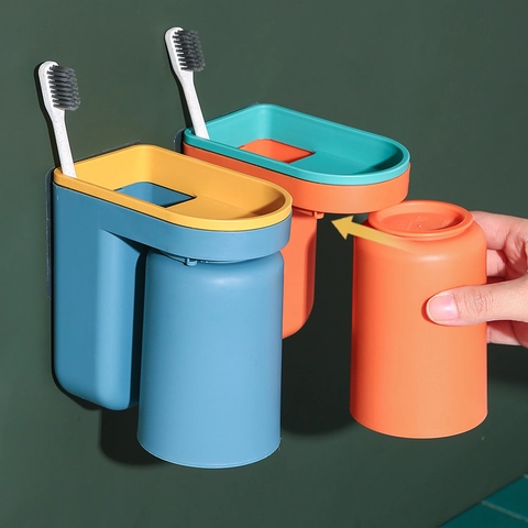 Wall Mounted Toothbrush Holder With Mouthwash Cup Punch Free Bathroom Storage Box Organizer Set For Toothbrush Toothpaste