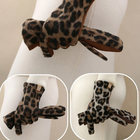 Guantes Calientes de Gamuza con Estampado de Leopardo para Mujer Invierno a Prueba de Viento Pantalla Táctil Algodón Engrosado