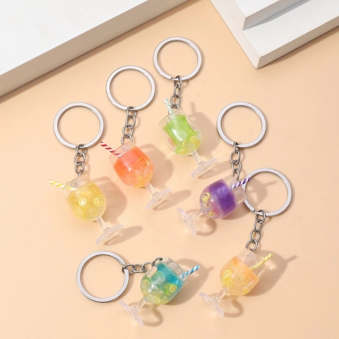 Creative Miniature Fruit Cocktail Glass Keychain Night Light Plastic Beverage Cup Pendant With Straw Lemon Slice For Bag Charm Gift