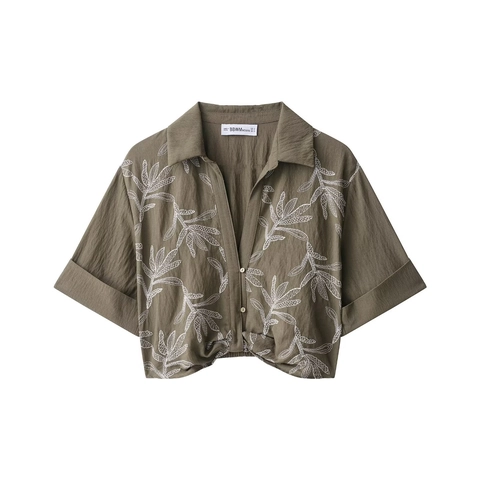 Camicia Ricamata A Maniche Corte E Gonna Pantalone Da Donna Verde Oliva Texture Lino Motivo Foglia Revers Bottoni