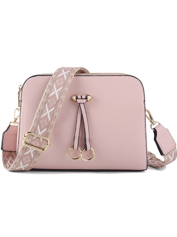 PU Leather Crossbody Bag Women Lychee Pattern Wide Geometric Strap Multi Compartment Dual Zipper Versatile Shoulder Bag
