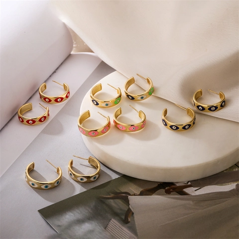 Orecchini A Cerchio A Forma Di C Malocchio Per Donna Rame Placcato Oro Smalto Colorato Gioielli Geometrici
