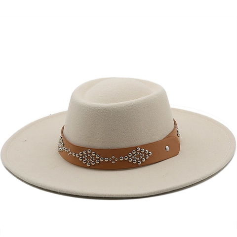 Wide Brim Fedora Hat Wool Felt Flat Top With Rivet Leather Belt Outdoor Warm Solid Color For Men Women