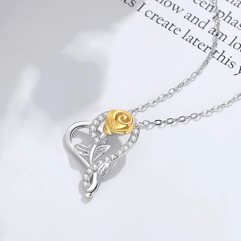 Collana Con Pendente A Cuore E Rosa In Argento Sterling 925 Con Zirconi Bicolore Oro Argento Gioielli Romantici Per Donna