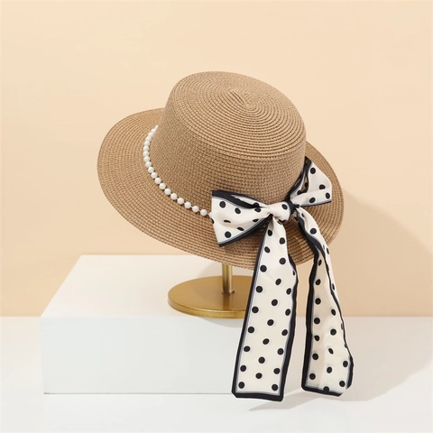 Sombrero De Paja Para Mujer Estilo Hepburn Francés Plano Boater Protección Solar Verano Vacaciones Elegante Lazo Lunares Perlas Artificiales
