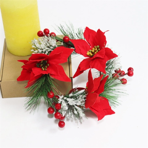 Artificial Christmas Wreath Candle Ring Red Poinsettia Satin Flower PVC Pine Needle Frosted Snow Foam Berry Decor