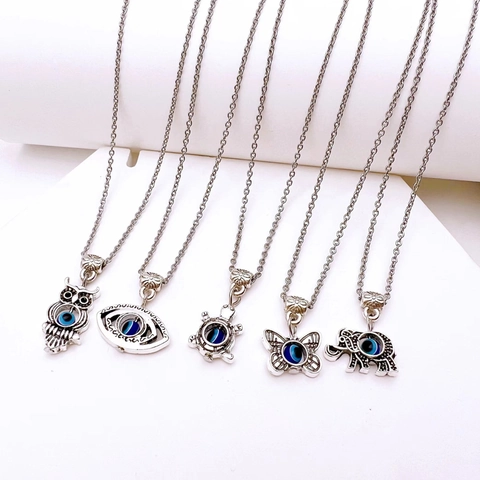 Evil Eye Anhänger Halskette Legierung Ethno Vintage Tier Schmetterling Elefant Eule Schlüsselbein Kette Schmuck Für Damen
