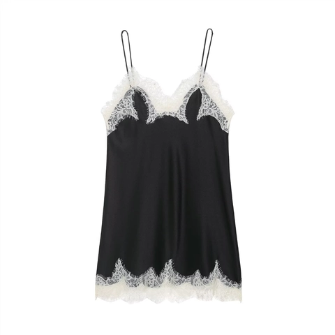 Schwarzes Satin Mini Kleid Mit Kontrastierendem Weißem Wimpern Spitze Besatz Spaghettiträger V-Ausschnitt Schmale Passform
