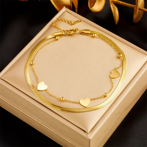 Stainless Steel Double Layer Heart Anklet Gold Plated Snake Chain Beads Anklet Fashion Niche Design Foot Jewelry For Women