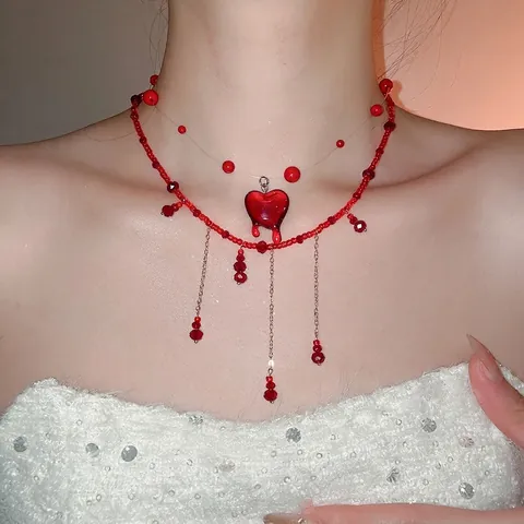 Rote Glas Kristall Perlen Quasten Halskette Mit Herz Anhänger Elegante Gotische Mode Schmuck Schlüsselbein Kette Für Frauen