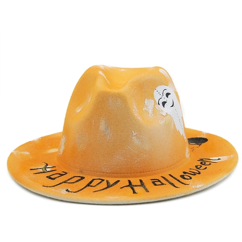 Cappello Fedora Halloween Natale Tesa Larga Feltro Jazz Berretto Stampe Festive Renna Zucca Pipistrello Per Festa Cosplay