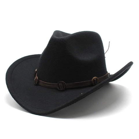 Retro Western Cowboy Fedora Hoed Wollen Vilt Brede Rand Jazz Pet Met Leren Band Metalen Gespen Voor Heren Dames