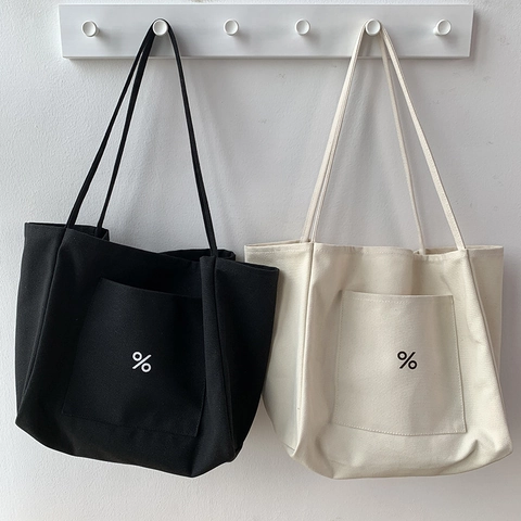 Große Kapazität Leinwand Tote Bag Minimalistische Schultertasche Mit Fronttasche Für Frauen Studenten Schule Alltag