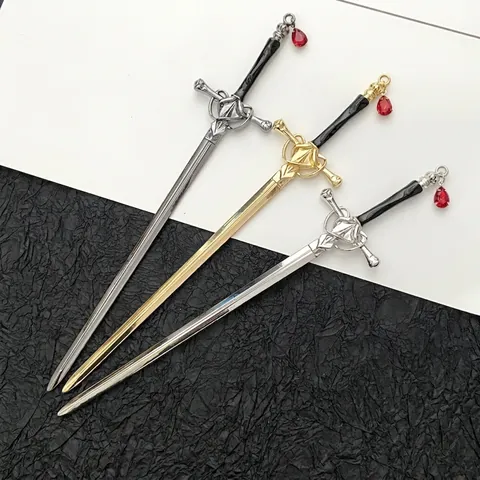 Ancient Chinese Style Sword Hairpin Alloy Vintage Hair Stick For Hanfu Styling With Red Water Drop Artificial Gem