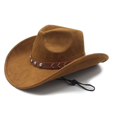 Vintage Western Cowboy Hat Suede Fabric Wide Brim Fedora With Faux Leather Band Rivets And Adjustable Chin Strap
