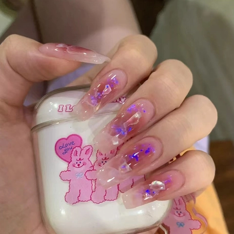Press On Nägel Sarg Lang Farbverlauf Blush Rosa Glitzer Marmor Gelee Durchscheinend Falsche Nägel Für Frauen