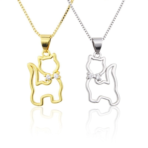 Collier Pendentif Chat Creux Cuivre Plaqué Or 18K Bijoux Animaux Minimalistes Zircone Chaîne De Boîte Pour Femmes