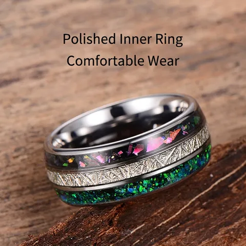 Herren Ring Aus Wolframstahl Mit Synthetischem Opal Und Meteoriten Textur Poliertes Modernes Luxus Fingerschmuck