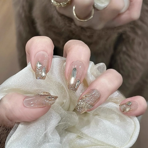 Handmade Press On Nails Sparkling Champagne Rhinestones Dragon Scale Luxury French Style False Nails For Women