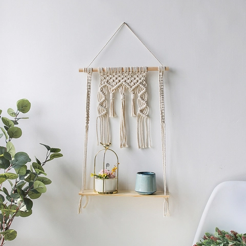 Mensola a Parete in Macramè Tessuta a Mano Scaffale Sospeso in Legno di Pino Decorazione Boho per Camera da Letto Soggiorno